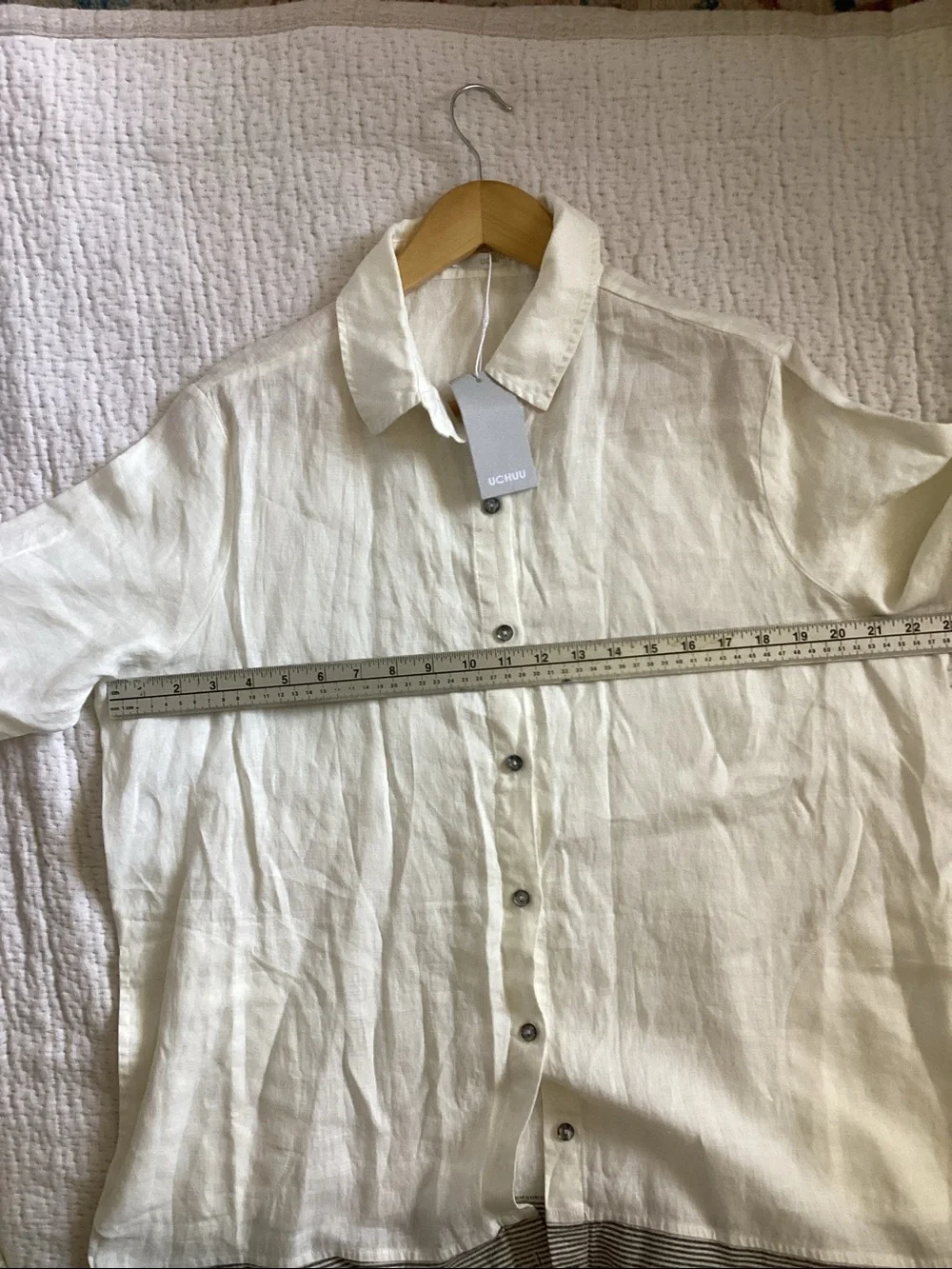 UCHUU LINEN LONG SHIRT OR SHORTDRESS OFF WHITE/ grey striped - Picture 4 of 5